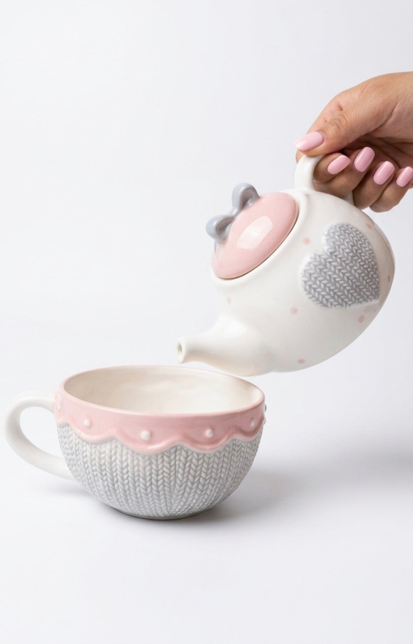 🫖 Set de Té Individual 2 en 1 de Cerámica - Colección Coquette Knit