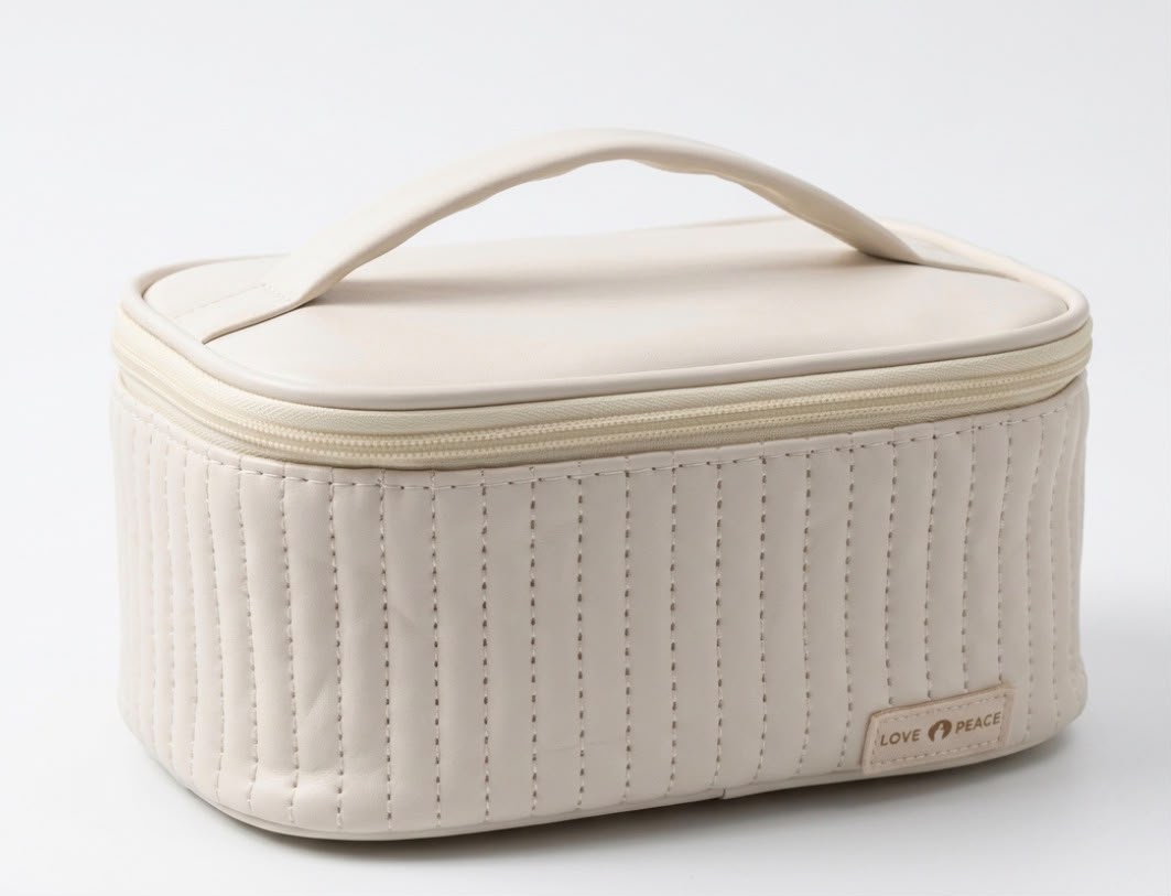 🏷️ Cosmetiquera de Viaje Acolchada de Gran Capacidad - Love & Peace (Beige)