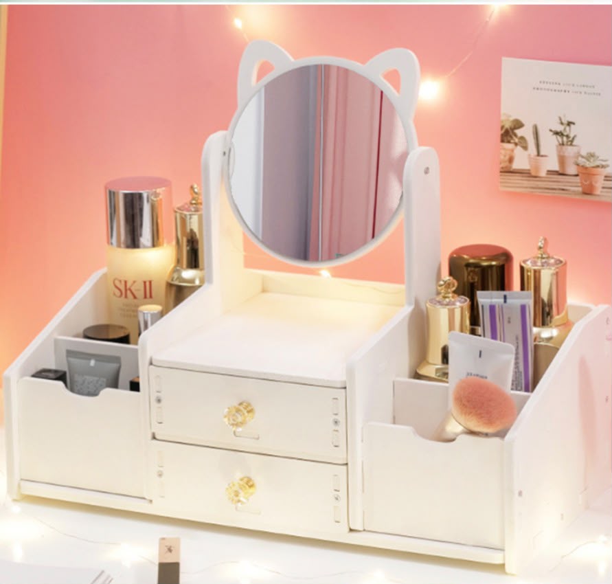 🐱 Organizador de Maquillaje y Skincare con Espejo Gatito